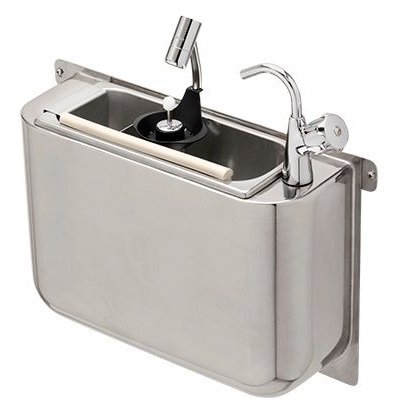 SPÜLBECKE FÜR EISLÖFFEL MIT WASSERHAHN UND EISLÖFFELDUSCHE 410X120X270  MIT WASSERABLAUFLOCH, WASSERANSCHLUSS UND ÜBERLAUFROHR