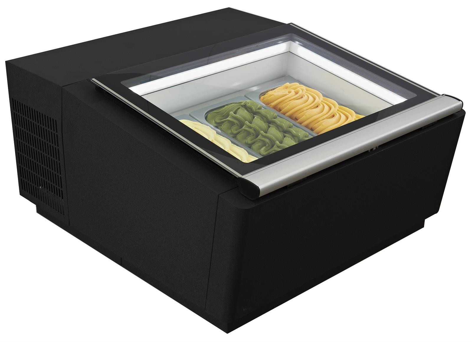 Speiseeisvitrine SPICCE Tischmodell | Öffnung Bedienungsseite + LED | 3x 5 Liter, HxBxT 37,5x67x75cm | -16/-18°C | Schwarz | + CHEFGASTRO Geschirrtuch