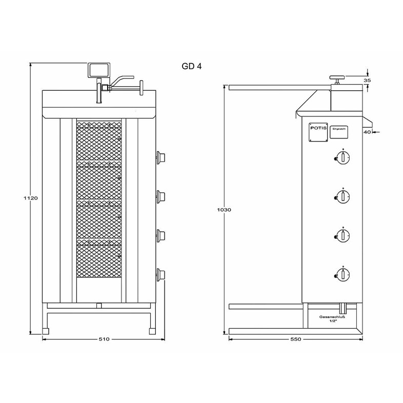 Potis GD4/Erdgas Dönergrill, 14 kW, max. 70 kg Fleisch, BTH 550 x 740 x 1120 mm