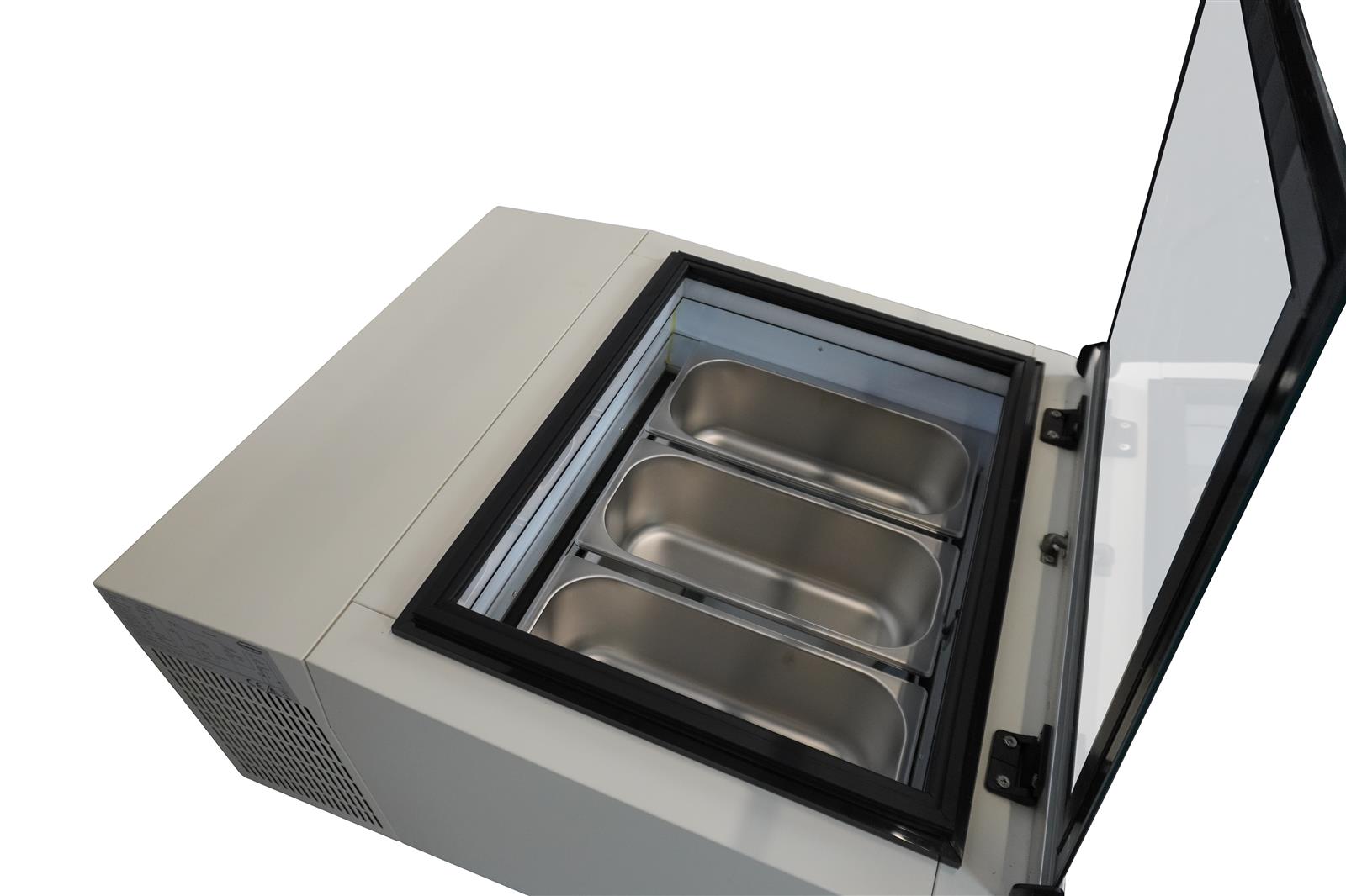 TISCHMODELL SPEISEISVITRINE WEIß  ÖFFNET AUF DER BEDIENUNG SEITE