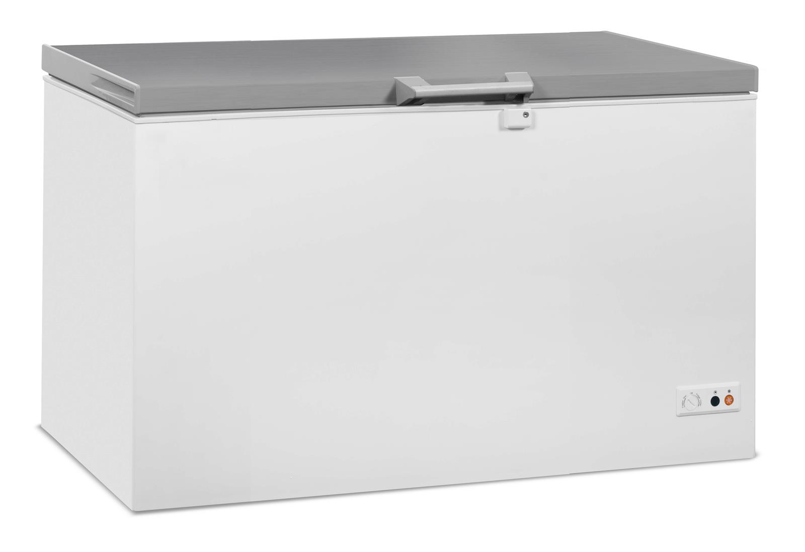 Tiefkühltruhe ICEMAN | 1x abschließbare Edelstahldeckel +LED | 407L, HxBxT 84x131,6x74,3cm | -18/-24°C | Weiß/Edelstahl