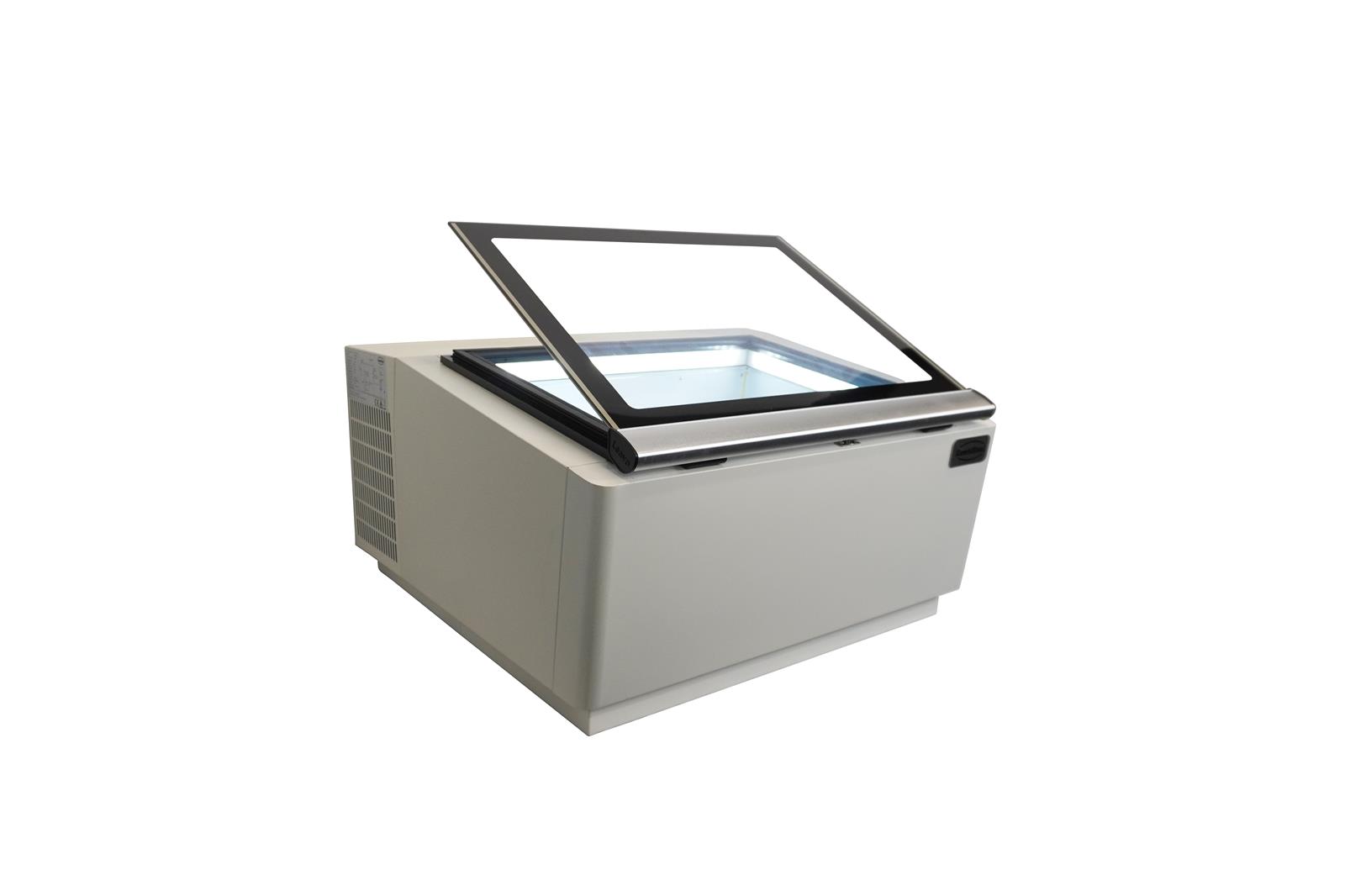 TISCHMODELL SPEISEISVITRINE WEIß  ÖFFNET AUF DER BEDIENUNG SEITE