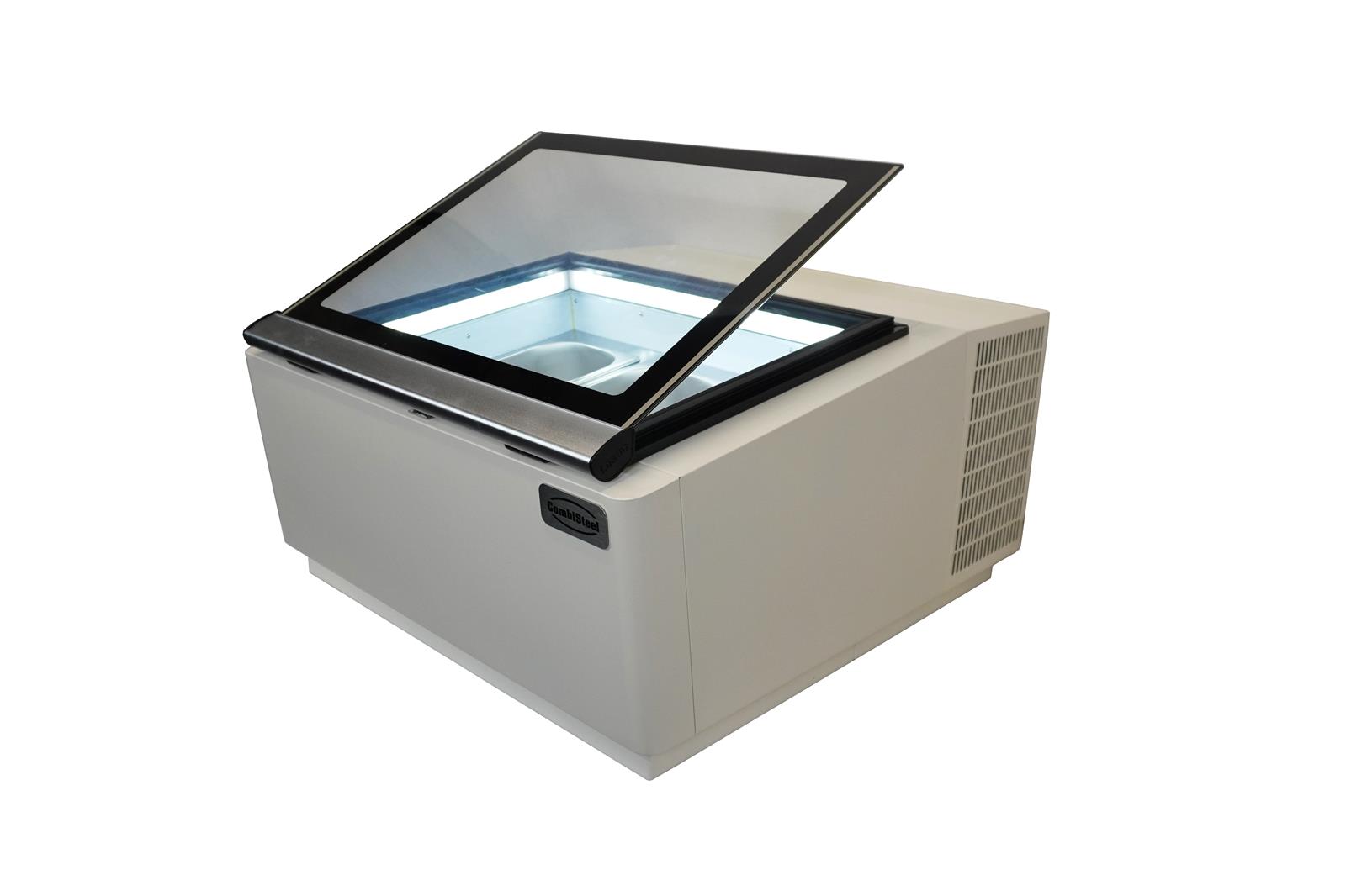 TISCHMODELL SPEISEISVITRINE WEIß  ÖFFNET AUF DER BEDIENUNG SEITE