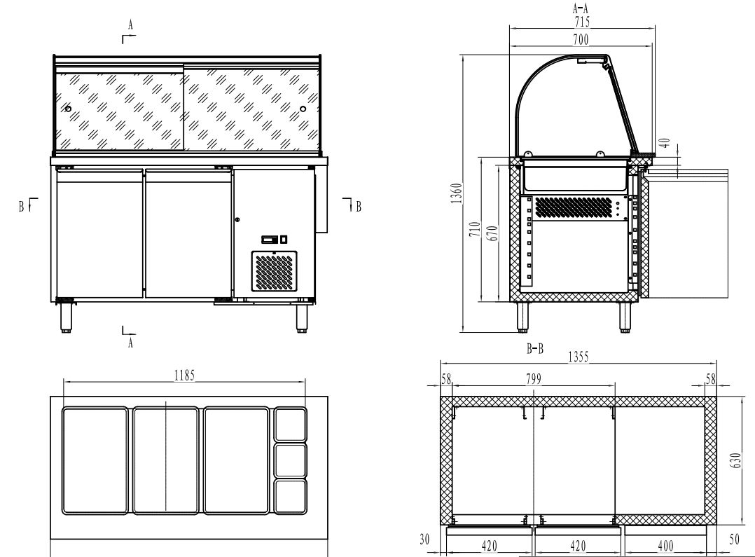 700 KÜHLTISCH MIT GLAS 2 TÜREN  3X 1/1 + 3X 1/6 GN BEHÄLTER