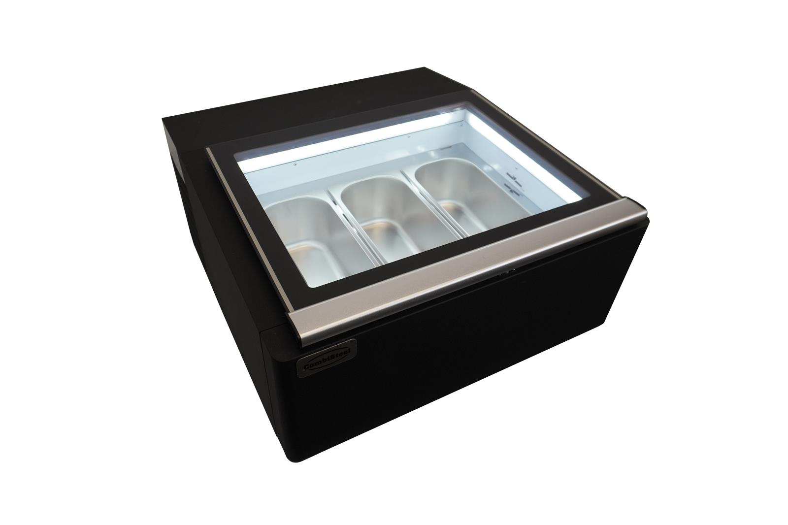 Speiseeisvitrine SPICCE Tischmodell | Öffnung Bedienungsseite + LED | 3x 5 Liter, HxBxT 37,5x67x75cm | -16/-18°C | Schwarz | + CHEFGASTRO Geschirrtuch