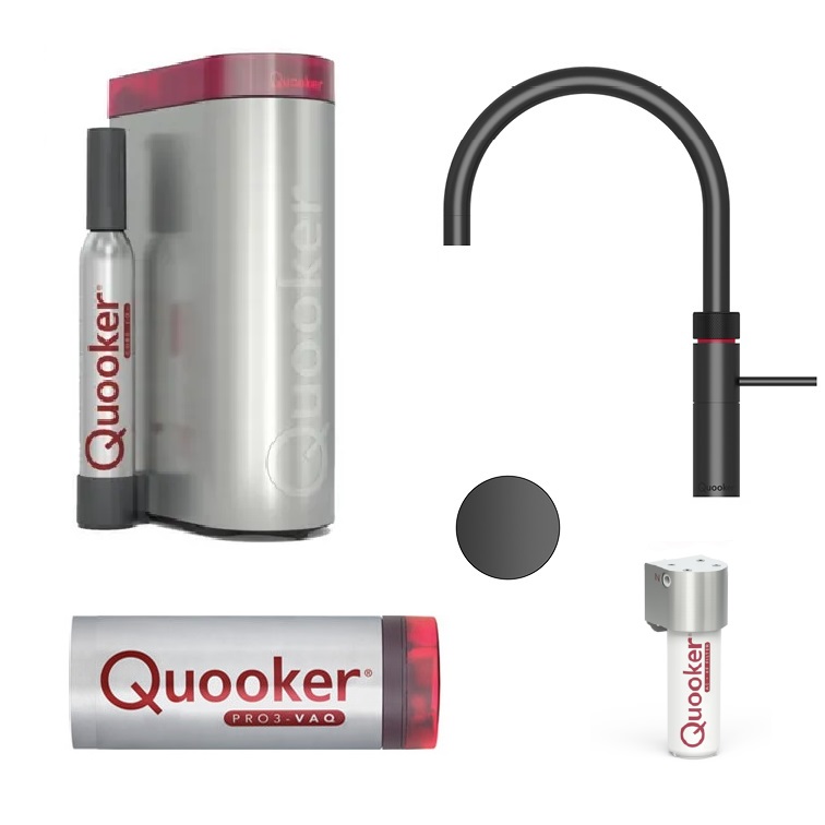 Wasserkocher Quooker PRO3 Flex schwarz FXRBLK mit CUBE und Filter Starter Set